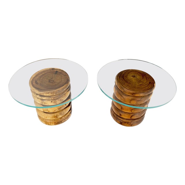 Pair Solid Carved Wood Cylinder Shape Bases Glass Top End Side Tables Stands For Sale