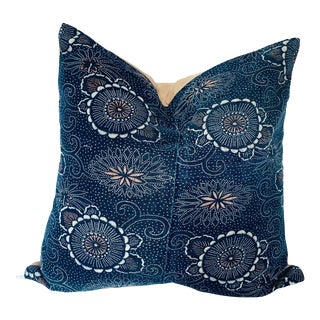 Japanese Indigo Kata-Zome Throw Pillow, 17" x 17" For Sale