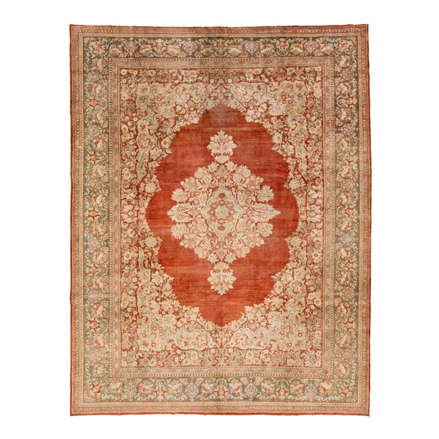 Rust Medallion 1940s Persian Mahal Wool Rug Handmade For Sale
