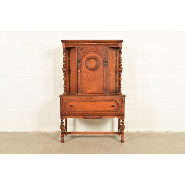 Antique English Jacobean Carved Oak Bar Cabinet, Circa 1920s For Sale - Image 14 of 14