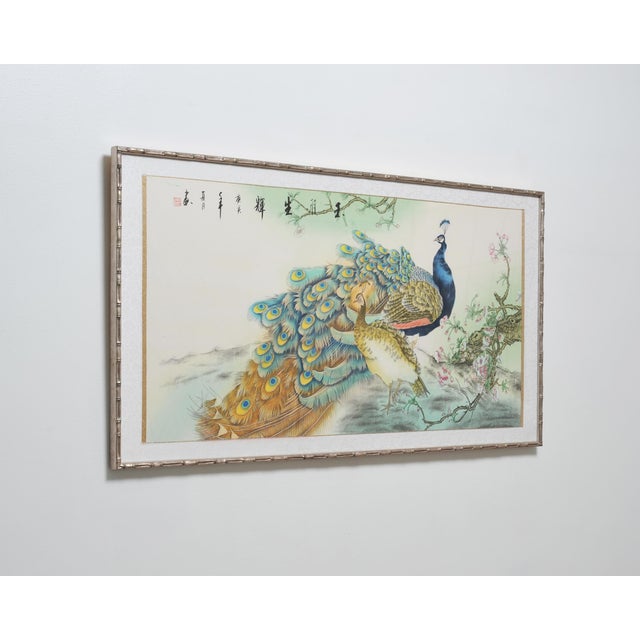 Mid 20th Century 20th C. Chinese Export Pair of Peacocks and Flowers Painting For Sale - Image 5 of 18