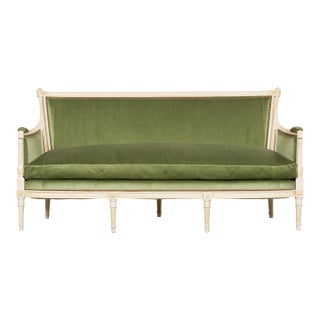 French Louis XVI Style Painted Canapé in Moss Green Velvet, Provence For Sale