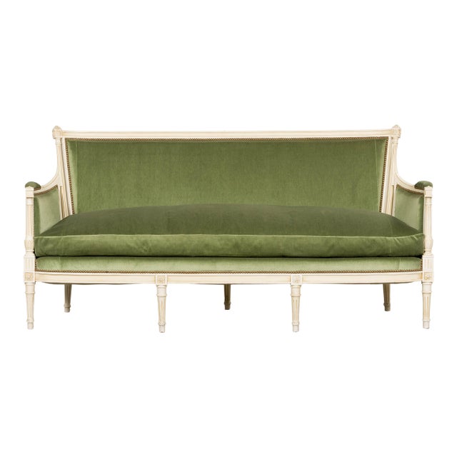 French Louis XVI Style Painted Canapé in Moss Green Velvet, Provence For Sale
