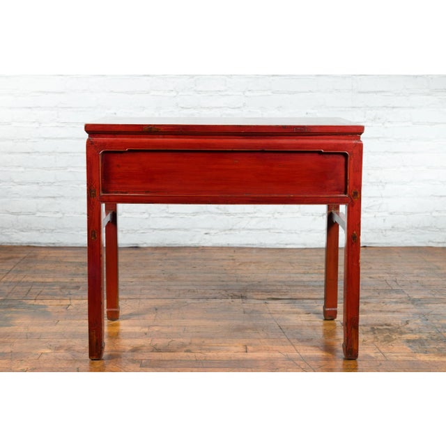 Chinese Red Lacquer Early 20th Century Two Drawer Desk with Brass Hardware For Sale - Image 10 of 13