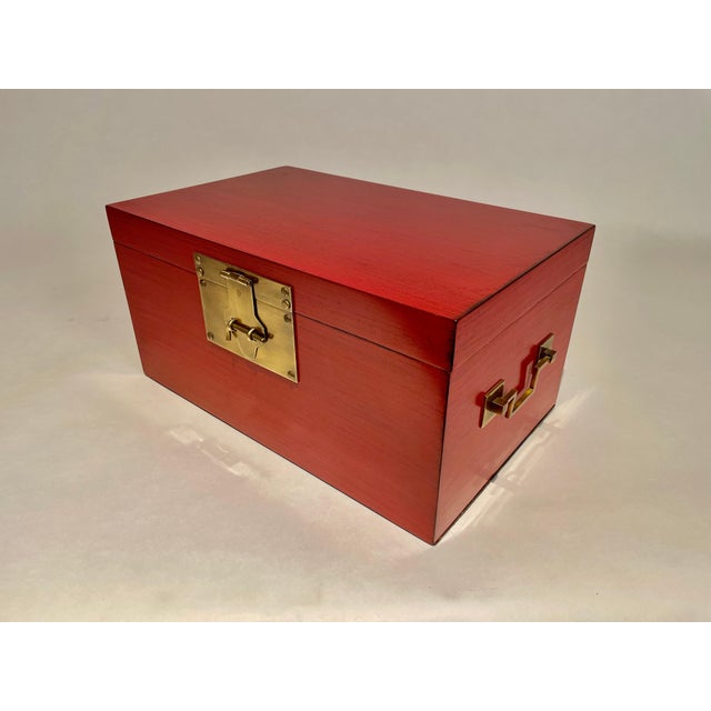 Chinese Chinese Red Lacquered Box With Brass Mounts, Mid 20th Century For Sale - Image 3 of 12