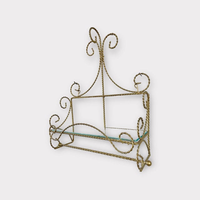 Metal Vintage Italian Hollywood Regency Gilt Rope Wall Shelf With Glass Shelf & Towel Bar For Sale - Image 7 of 9