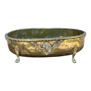 English Country Brass Oval Cachepot With Paw Feet For Sale