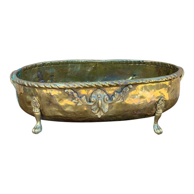 English Country Brass Oval Cachepot With Paw Feet For Sale