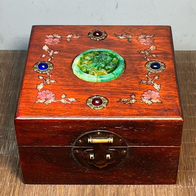 Brick Red Vintage Rosewood Jewelry Box With Mother of Pearl & Jade Inlay | Chinoiserie Trinket Box For Sale - Image 8 of 9