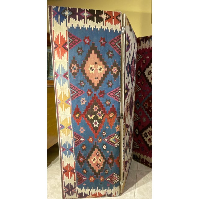 Wood One-of-a-Kind Custom Antique Flat-Weave Oriental Kilim Folding Screen For Sale - Image 7 of 18