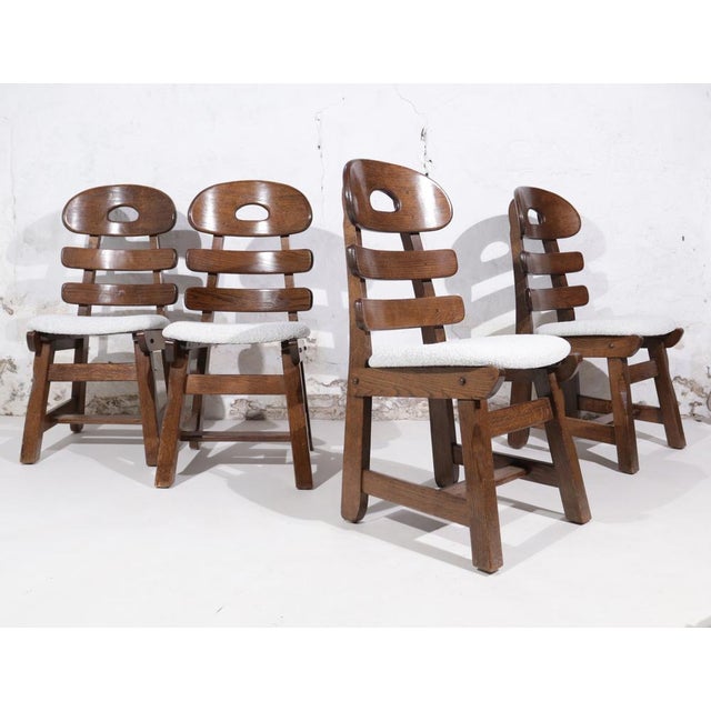 Brutalist Spanish Brutalist Fishbone Chairs in Oak and Bouclé, 1960s, Set of 4 For Sale - Image 3 of 18