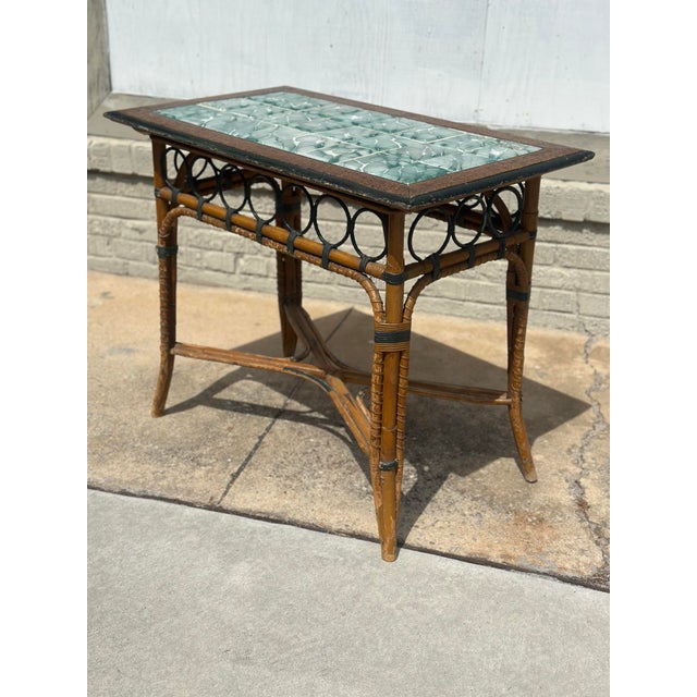 British Colonial Antique Tile Top Bamboo Table For Sale - Image 4 of 8