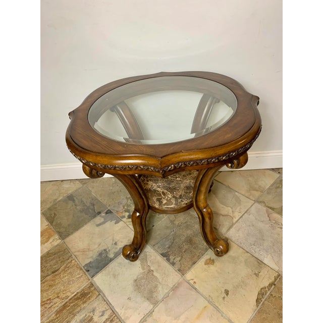 American 1980s Vintage Wood Side Table With Glass Top and Marble Bottom Base For Sale - Image 3 of 8