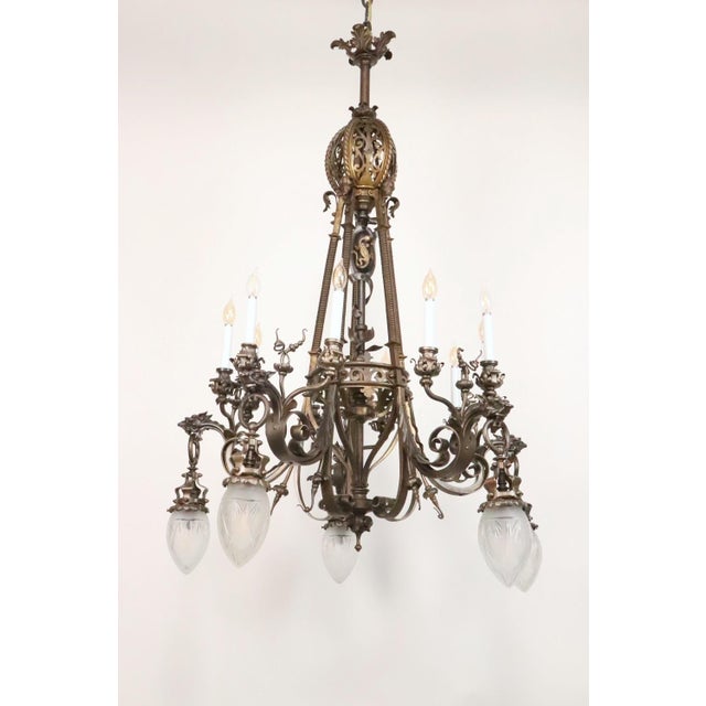 Early 20th Century Cast Bronze Highly Ornate Chandelier With Original Etched Glass Down Shades For Sale - Image 11 of 16