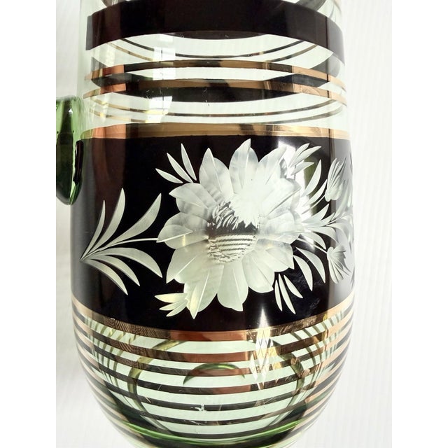 Vintage Mid-Century Modern Bohemian Green Glass Pitcher Cut Flowers, Gold & Black Bands For Sale - Image 12 of 17