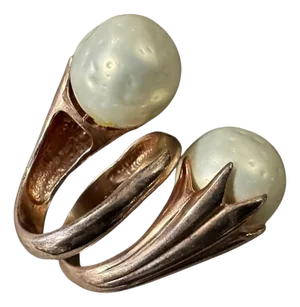 1990s Red Gilded Sterling Silver and Pearl Sculptured Huge Italian Ring