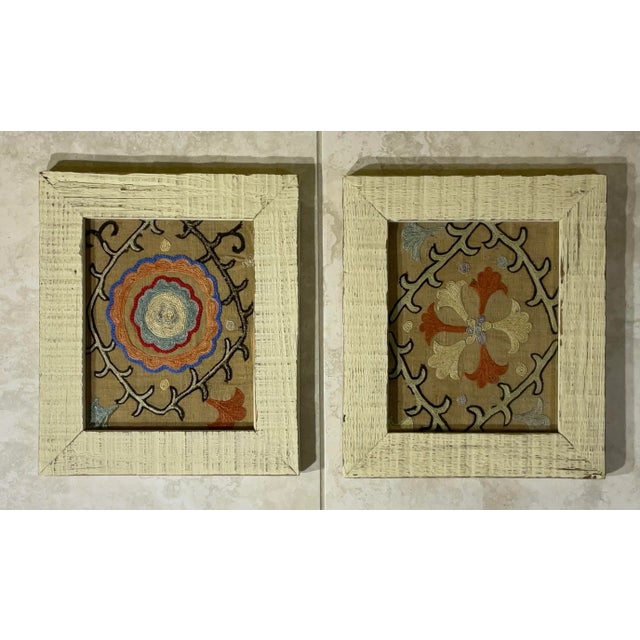 Exceptional antique intricate hand embroidery Suzani textile, professionally mounted on hand painted wood shadow box , to...