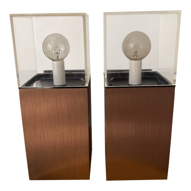Lightolier Cubic Sconce Dual Lights in Plexiglass and Brushed Copper – a Pair For Sale