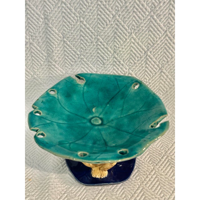 Ceramic Vintage Majolica Style 3 Monkeys Holding a Lily Pad Compote or Shallow Dish For Sale - Image 7 of 9