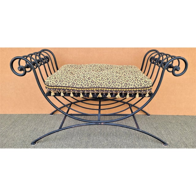 Italian Italian Scrolled Wrought Iron Bench With Tasseled Faux Leopard Cushion For Sale - Image 3 of 10