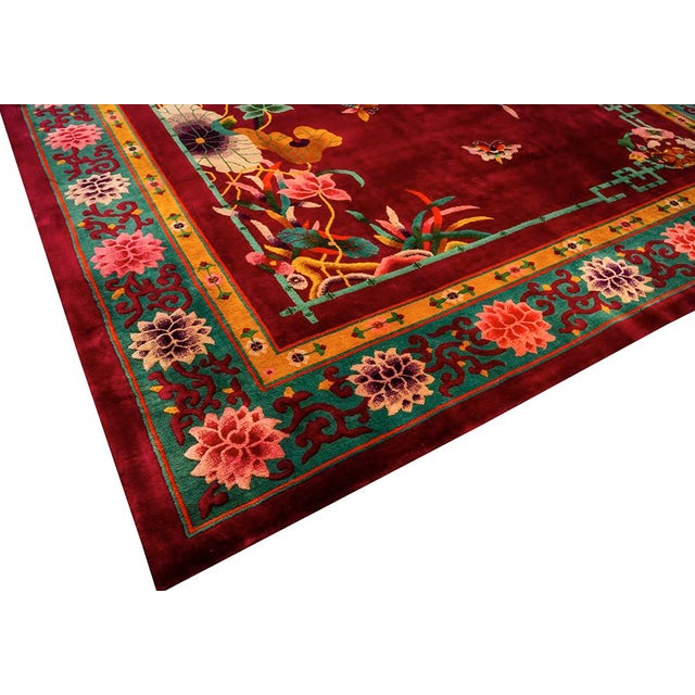 1920s Room Size Wool Red Chinese Floral Modern Antique Knotted Art Deco Rug For Sale - Image 4 of 9