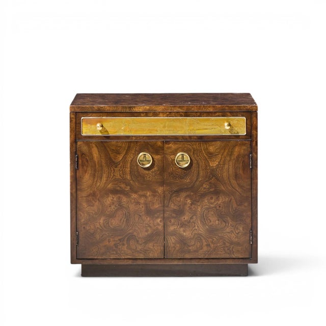 Wood Bernhard Rohne for Mastercraft Mid Century Burlwood and Acid Etched Brass Nightstands - Pair For Sale - Image 7 of 13