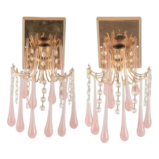 Murano Glass and Brass Wall Lamps with Art Glass Prisms, 1970s, Set of 2 For Sale