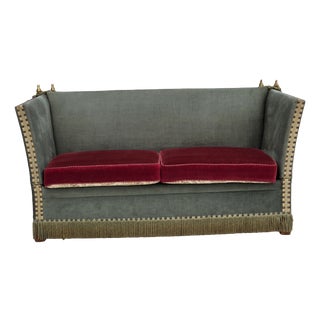 Danish 2-Seater Drop Arm Spanish Sofa in Green and Red Velour, 1970s For Sale