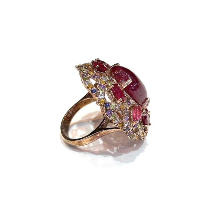 Ruby Red Bochic “Capri” Vintage Ruby, Amethyst & Multi Sapphire Ring - 18K Gold & Silver For Sale - Image 8 of 18