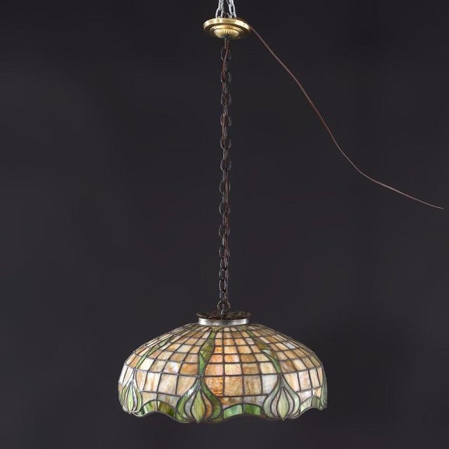 1910s 1910s Duffner & Kimberly Attr Arts & Crafts Leaded Stained Glass Hanging Light For Sale - Image 5 of 11