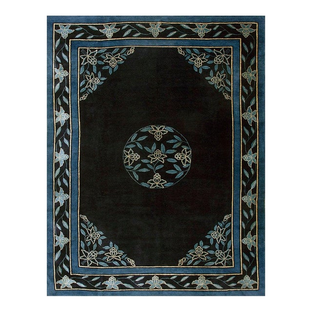 Splendid Navy Blue Color With Sky Blue Color Florid Design Antique Chinese Peking Rug For Sale