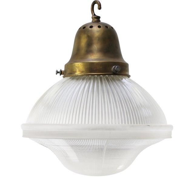 Vintage Industrial Glass Brass Pendant Light from Holophane, Usa For Sale