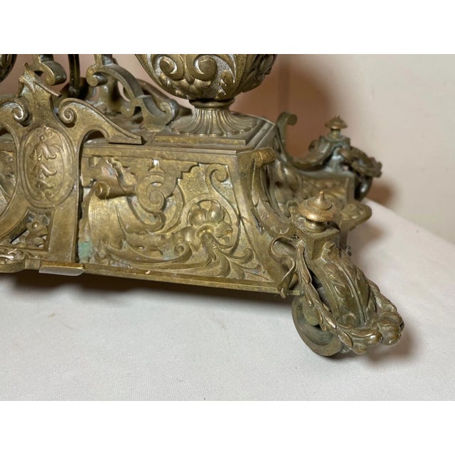 Metal Antique Ornate 1800's Victorian Gilt Bronze Dual Inkwell Desk Lamp Stand Brass For Sale - Image 7 of 12