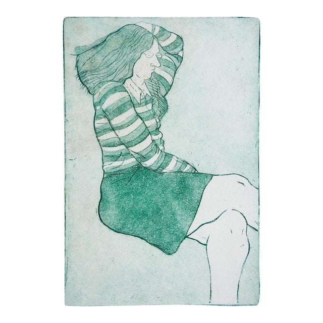 Mid Century Woman in Green Skirt Etching For Sale