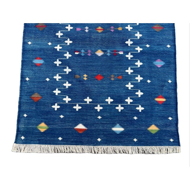 Handmade Cotton Denim Blue Shooting Star Runner Rug, Vegetable Dyed Dhurrie Runner -2.5'x8' For Sale - Image 10 of 10