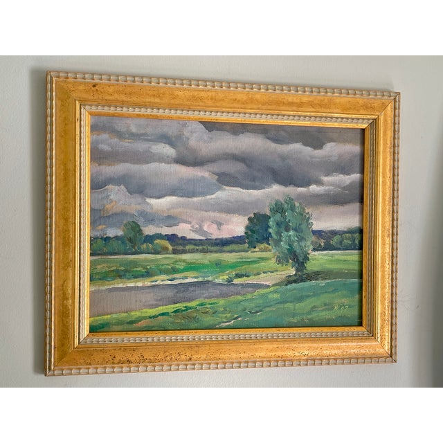 Paint Vintage Original Oil Painting Landscape With Rolling Storm Clouds, 1997 For Sale - Image 7 of 12