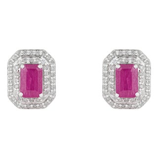 Contemporary 1.64ct Ruby & Double Halo Diamond Earrings in 14k Gold- 2 Pieces For Sale