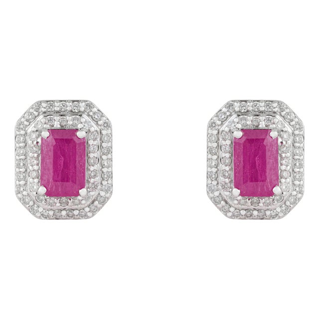 Contemporary 1.64ct Ruby & Double Halo Diamond Earrings in 14k Gold- 2 Pieces For Sale