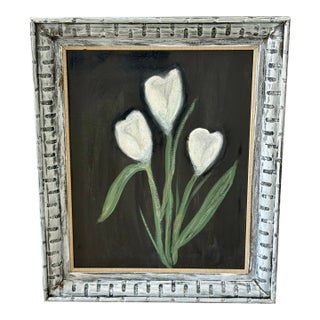 Rustic Vintage Framed Original Tulip Canvas Painting For Sale