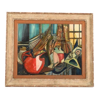 Framed Signed Abstract Artist's Tablescape Oil on Canvas For Sale