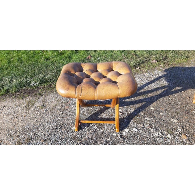 Chesterfield Leather Armchairs and Pouf, 1930, Set of 3 For Sale - Image 10 of 11