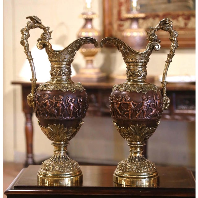 Pair of 19th Century French Renaissance Patinated Bronze Ewers Clodion Style For Sale - Image 4 of 9