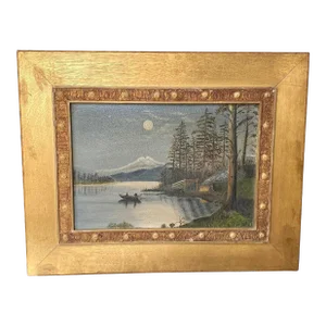Old 1930 Naive Folk Art Oil Painting Inscribed by Artist Arts & Crafts Style Frame
