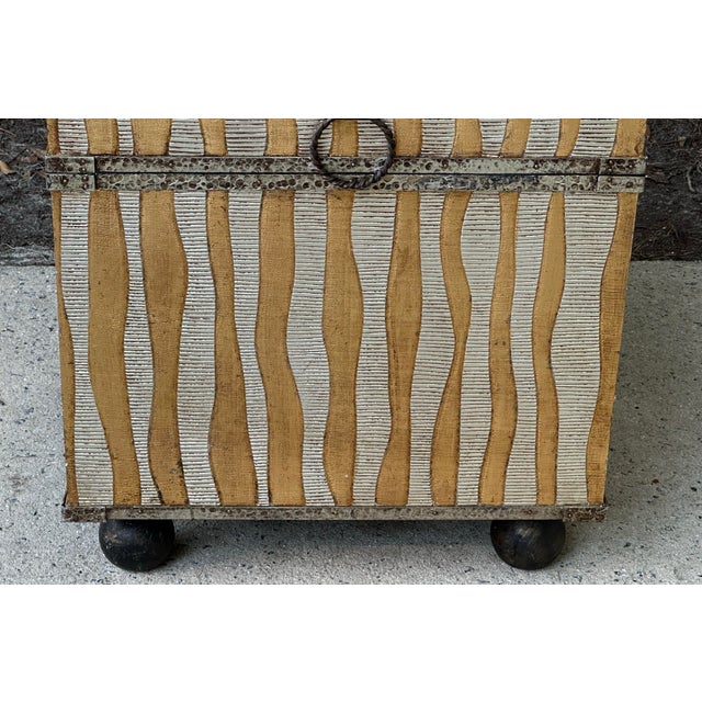 Sarreid Style Silver and Gold Tin Covered Trunk Drinks Table With Button Feet and Paper Lined Interior For Sale - Image 10 of 12