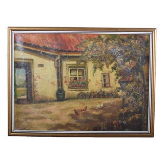 Unknown, Farmhouse Courtyard with Chickens, 1890s, Oil on Canvas For Sale