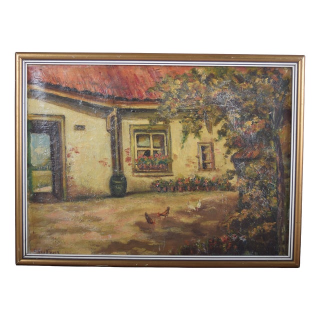 Unknown, Farmhouse Courtyard with Chickens, 1890s, Oil on Canvas For Sale