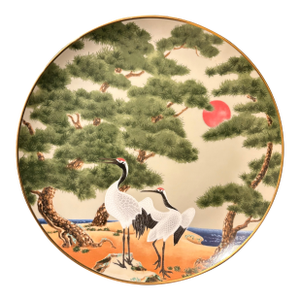 Colorful 1970’s Plate Featuring Red-Headed Cranes, Pine Trees and a Crimson Sun From the Birds and Flowers of the Orient Collection
