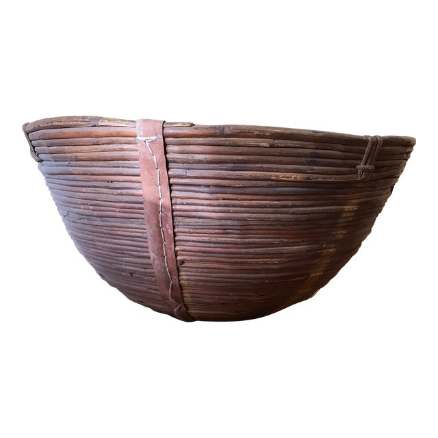1940s Primitive Charming Handwoven Rattan Basket With Handmade Leather Straps For Sale
