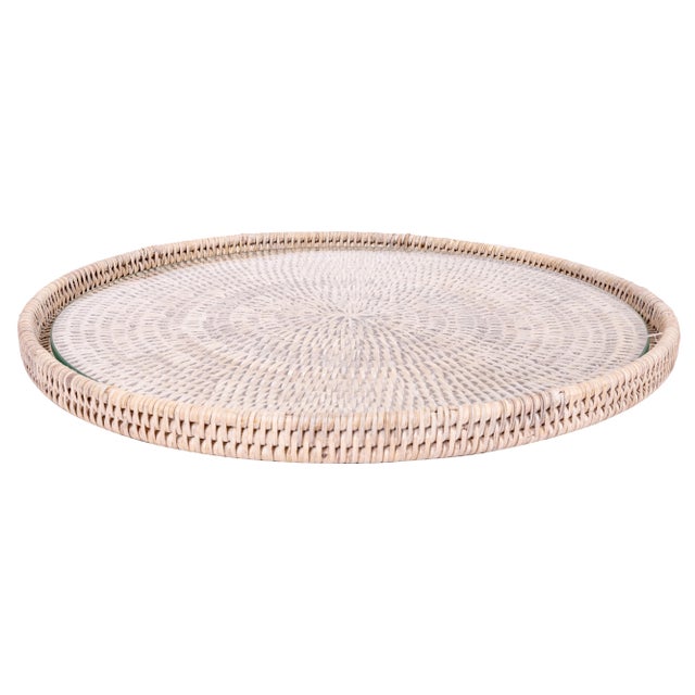 2020s Artifacts Rattan 14" Round Serving Tray, White Wash with Glass Insert For Sale - Image 5 of 5