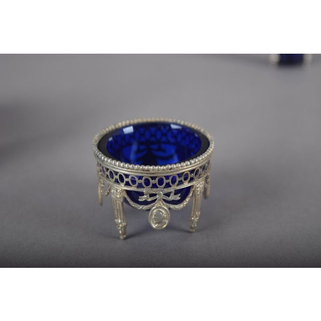 Antique Silver-Mounted Cobalt Blue Glass Condiment Set, 1900, Set of 7 For Sale - Image 10 of 18
